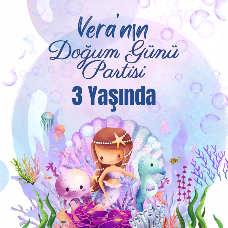 Mor Mavi Pembe Modern Şık Eğlenceli Denizkızı Temalı Doğum Günü Afişi 100x100 cm Mor Mavi Pembe Modern Şık Eğlenceli Denizkızı Temalı Doğum Günü Afişi 100x100 cm