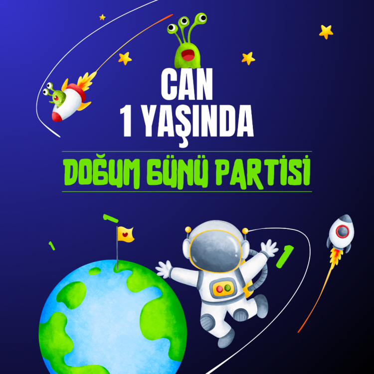 Uzay Temalı Roket Astronot Temalı Eğlenceli Doğum Günü Partisi Afişi 100x100 cm