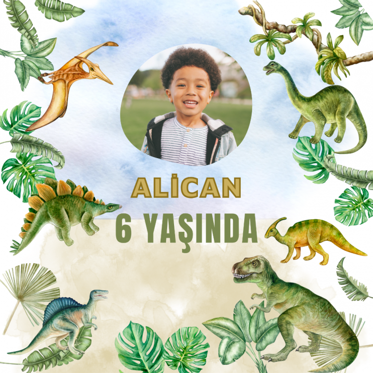 Yeşil Orman Dinozor Temalı Doğum Günü Afişi 100x100 cm