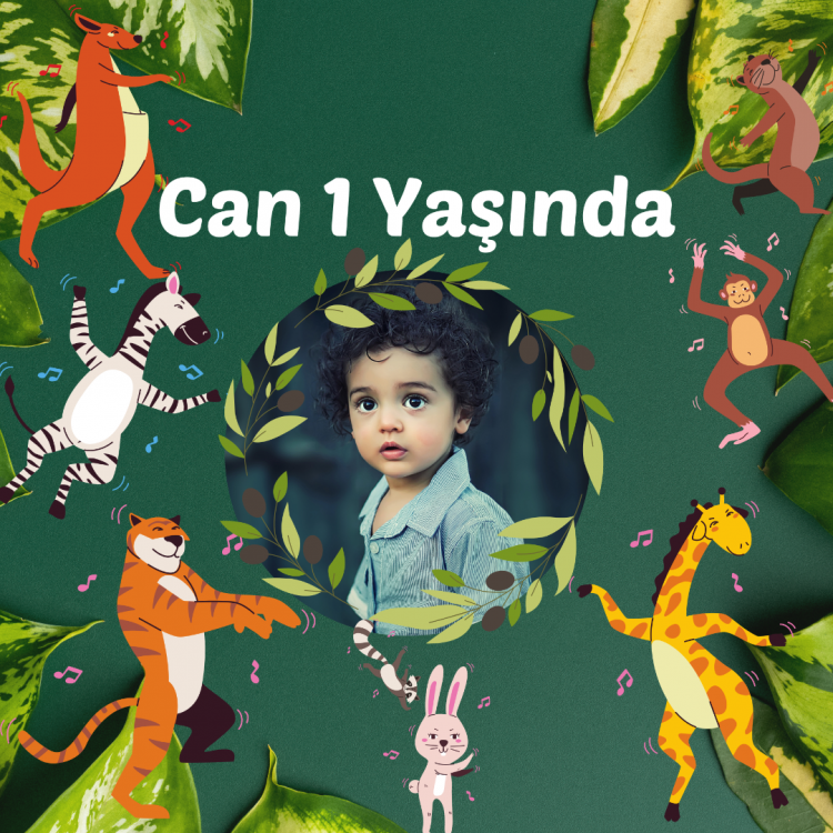 Hayvan Desenli Yeşil Doğum Günü Afişi 100x100 cm