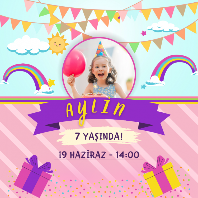 Çok Renkli Eğlenceli Sevimli Doğum Günü Daveti Afişi 100x100 cm